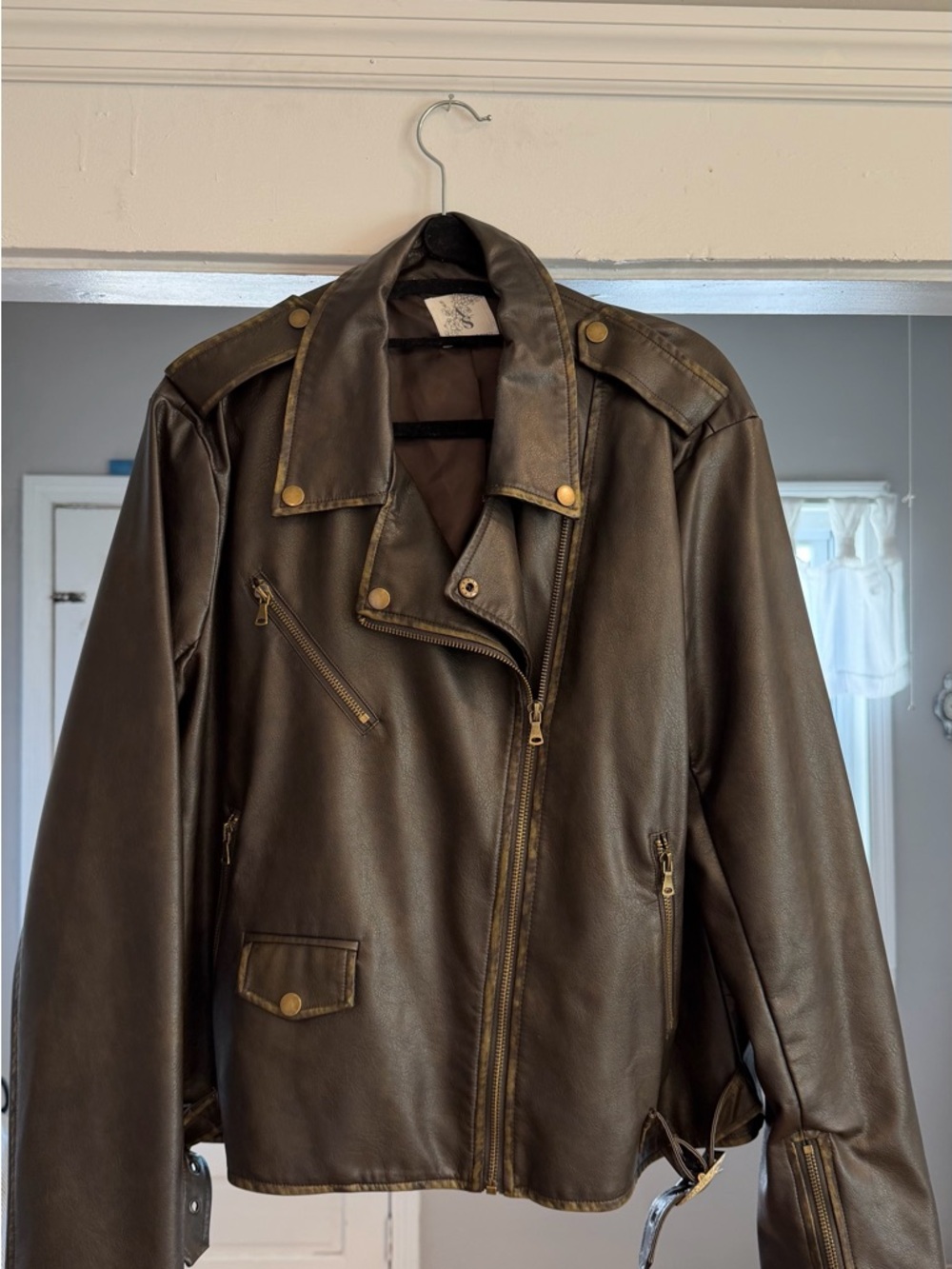 Altar'd State Men's Dark Brown Leather Bomber Jacket with Brass Hardware